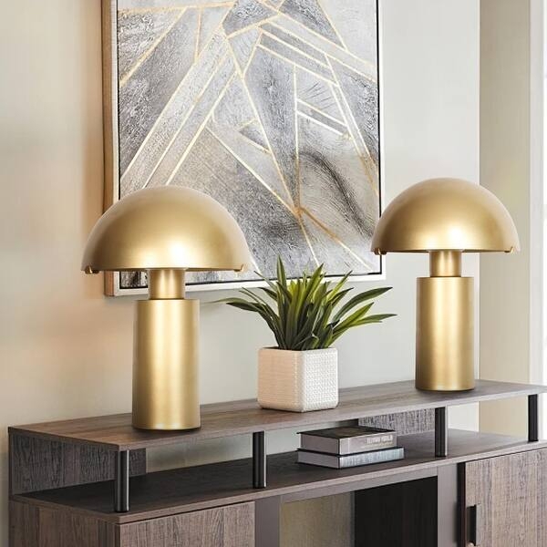 Mid-Century Modern Gold Mushroom Table Lamps Set with Dome Shades