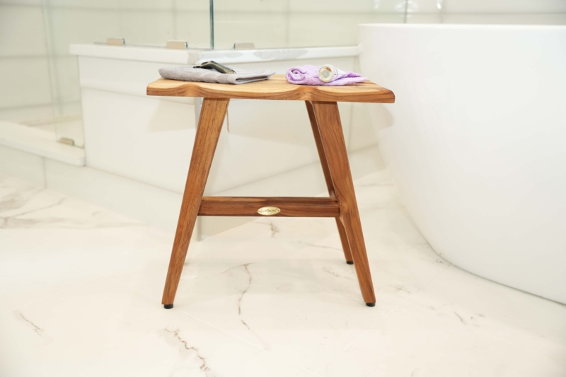 Mid Century Modern Shower Bench Curved Handles Tapered Legs Slatted