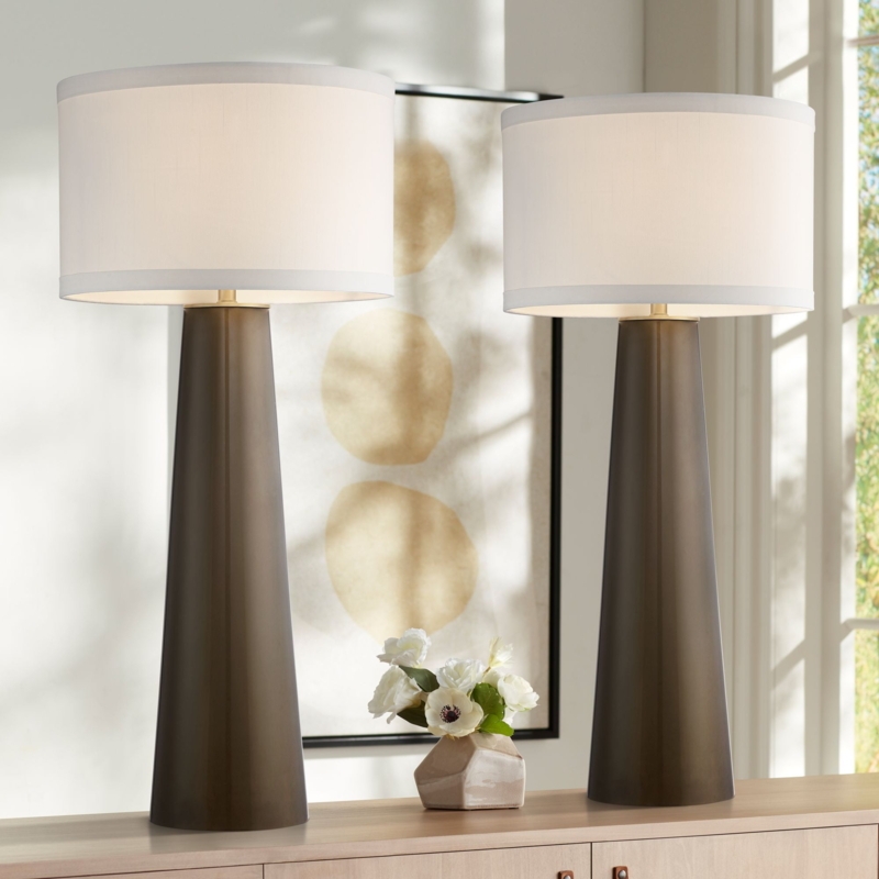 Mid Century Modern Table Lamp Set Dark Gold Glass Tapered Base