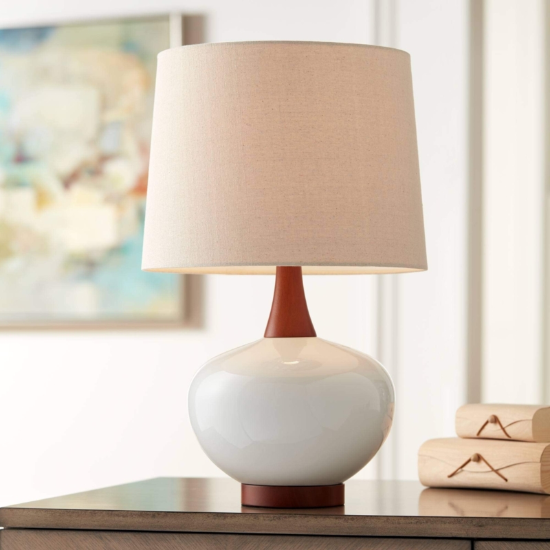 Mid-Century Modern Table Lamp Tapered Ceramic Base with Wood Neck