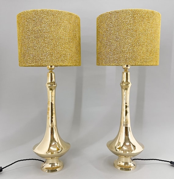 Mid-Century Table Lamps Pair: Tall Shades, Gold Stepped Bases