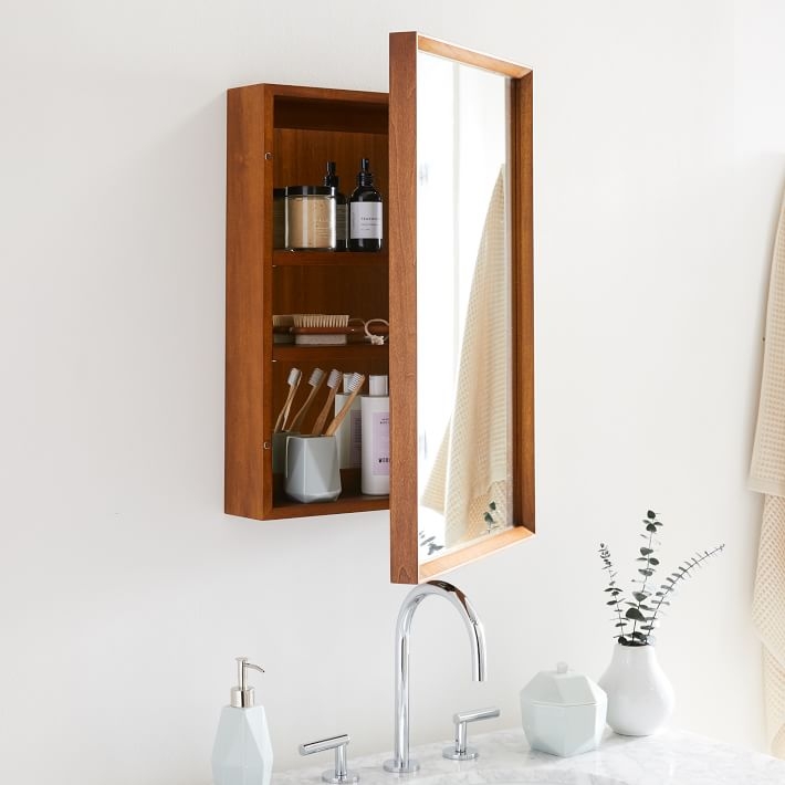 Mid-Century Wood Frame Medicine Cabinet with Three Mirrored Doors