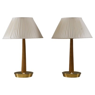 Mid-Century Wood Table Lamps Set with Tapered Base and Pleated Shades