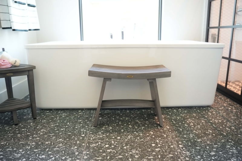 Minimalist Antique Gray Teak Bench Curved Slatted Seat