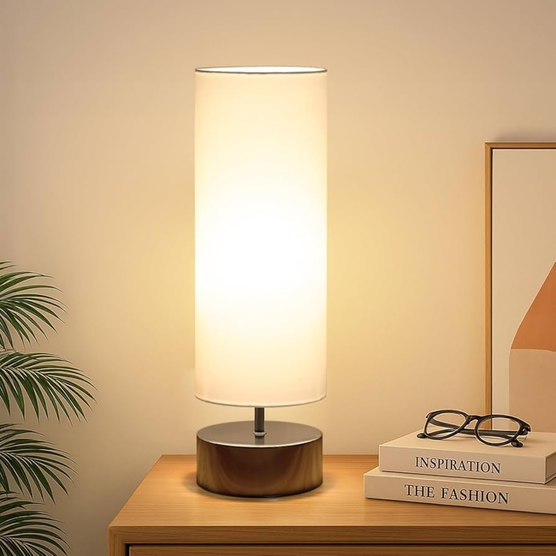 Minimalist Bedside Lamp Cylindrical Fabric Shade Brushed Metal Base