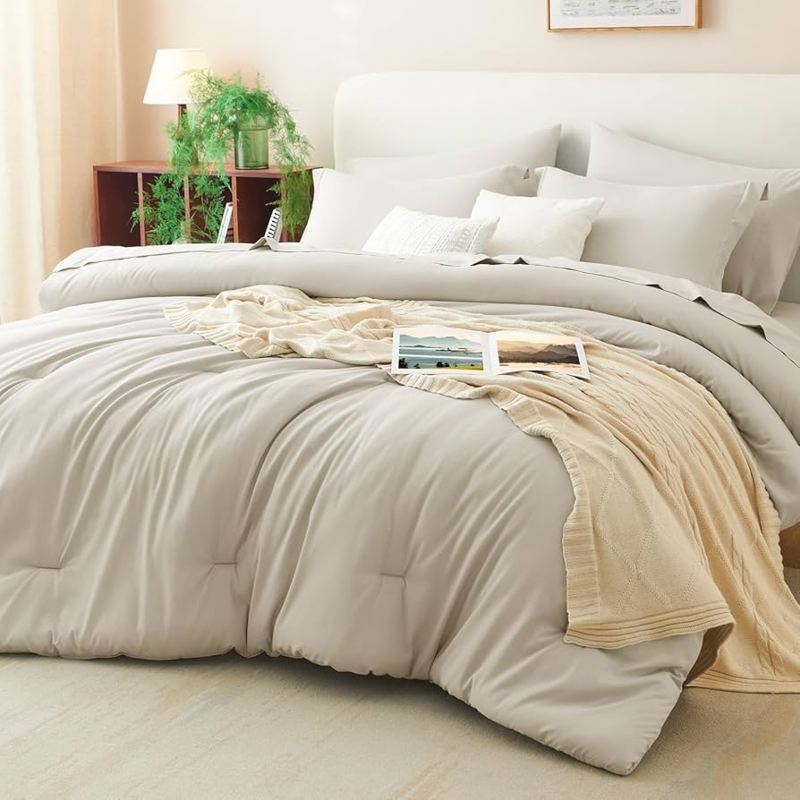 Minimalist Beige Bedding Set featuring Box Stitched Quilted Top