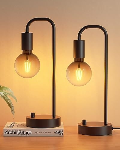 Minimalist Industrial Table Lamp Set Exposed Bulb Matte Black Dimmable