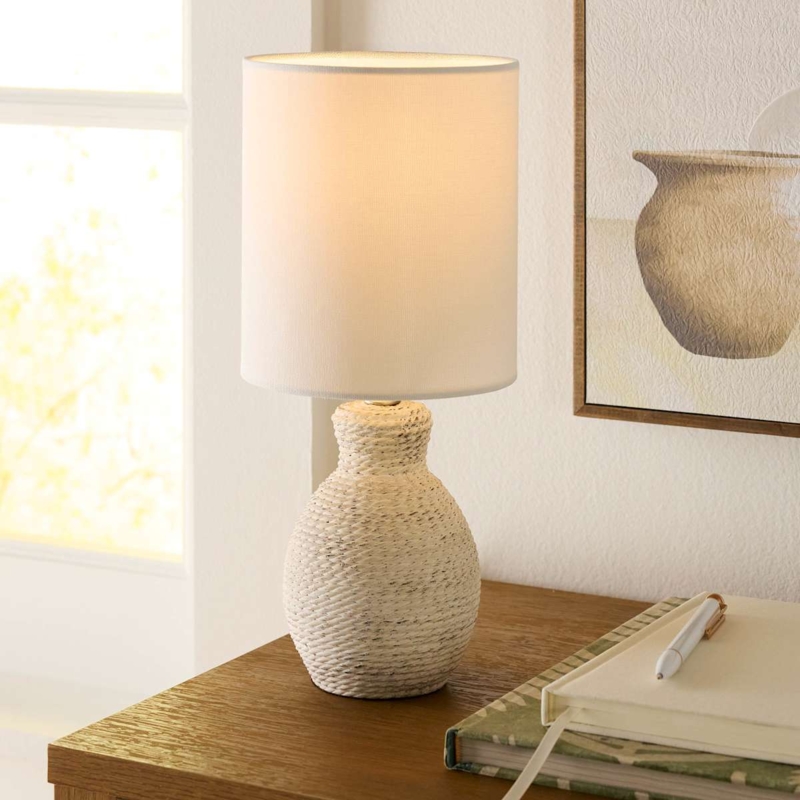 Minimalist Ribbed Ceramic Mini Table Lamp Styled on Bookshelf