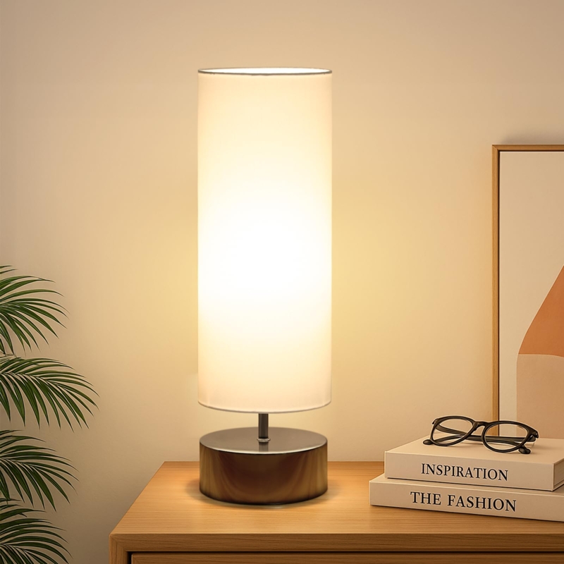 Minimalist Table Lamp Polished Metal Base Cylinder Shade White