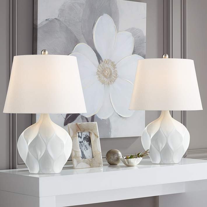 Minimalist Table Lamp Set, White Ceramic with Horizontal Ribbing