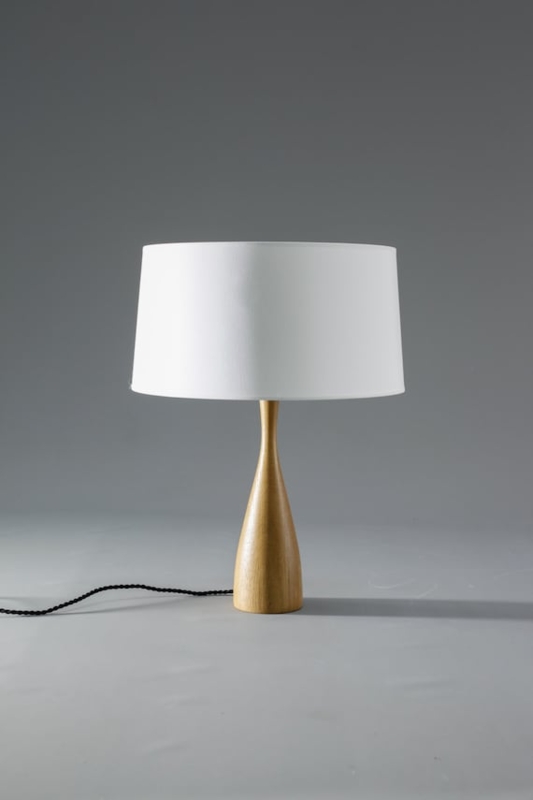 Minimalist Wood Table Lamp with Turned Base and White Drum Shade