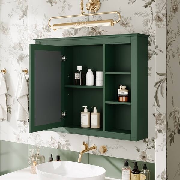 Mirrored Medicine Cabinet with Six Open Shelves and White Finish