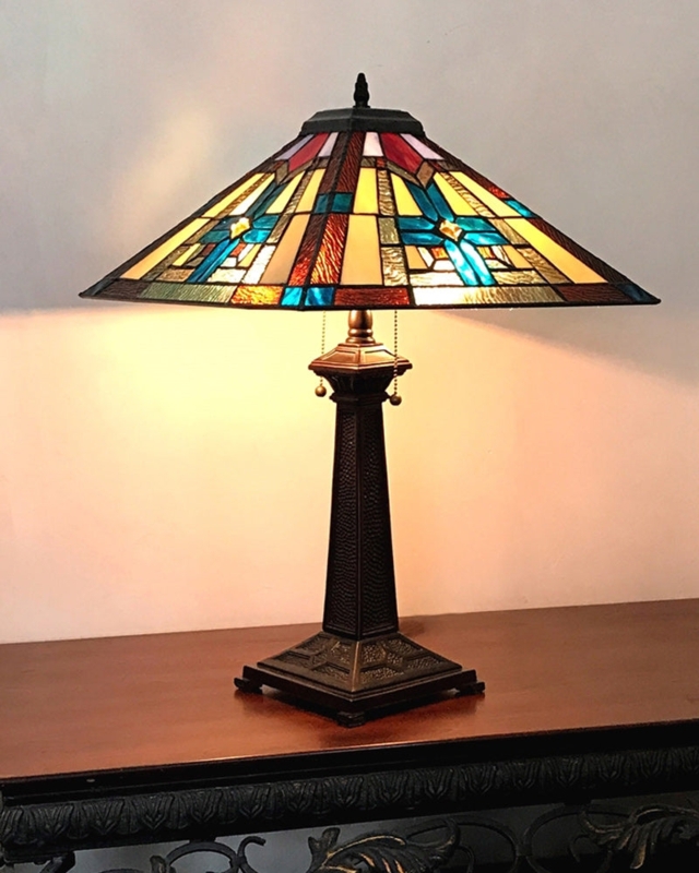 Mission Style Table Lamp: Geometric Stained Glass Shade, Bronze Finish
