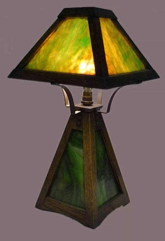 Mission Table Lamp Wood Slats Amber Glass Geometric Shade Craftsman