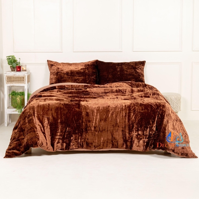 Mocha Brown Crushed Velvet Duvet Cover Set Boho Chic Bedroom