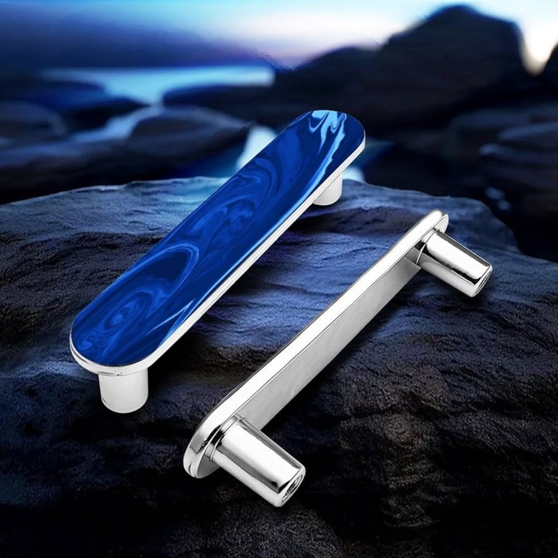 Modern Bar Pulls: Cobalt Blue Stone-Like Inlay with Rectangular Feet.