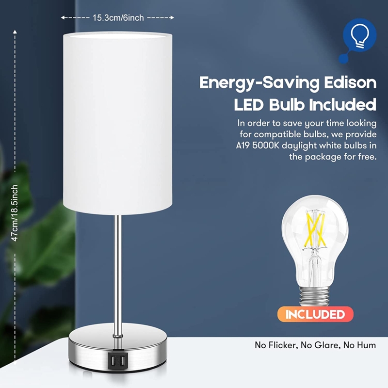 Modern Bedside Lamp Set Slim Profile Matte Black Beige Shade USB