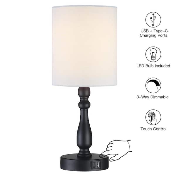Modern Bedside Lamp with USB Minimalist Matte Black Linen Shade