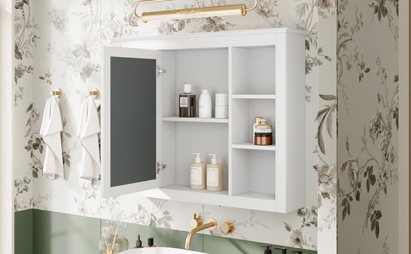 Modern Black Medicine Cabinet with Dual Mirrored Doors and Side Shelves