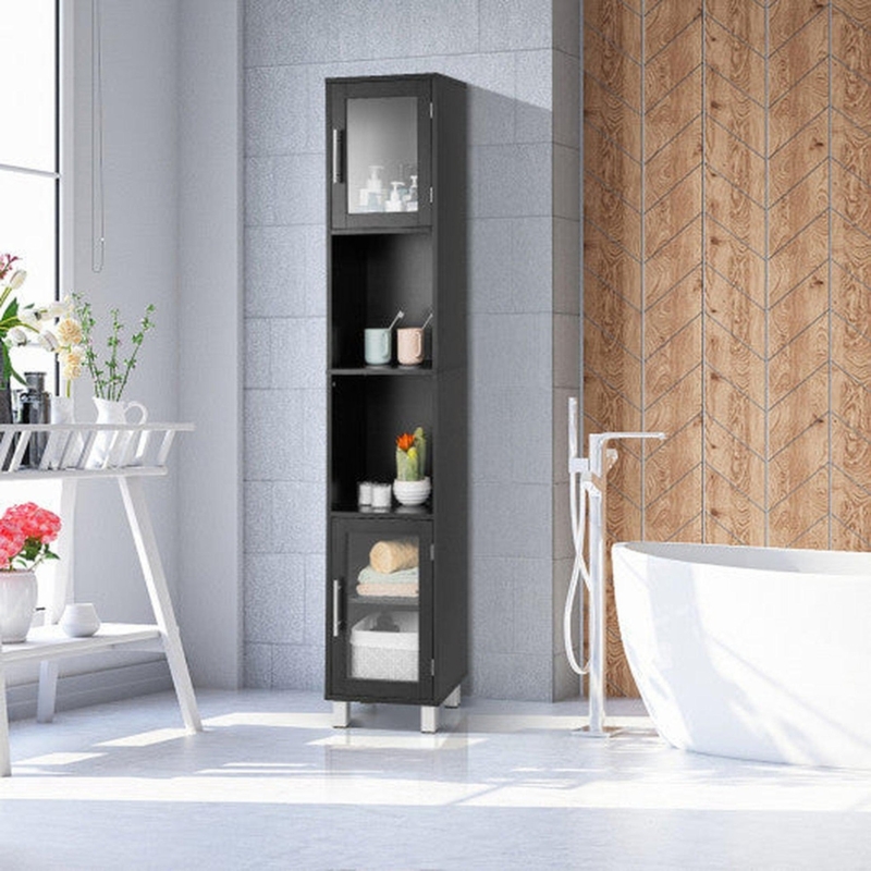 Modern Black Storage Tower featuring X-Frame Sides and Open Shelves