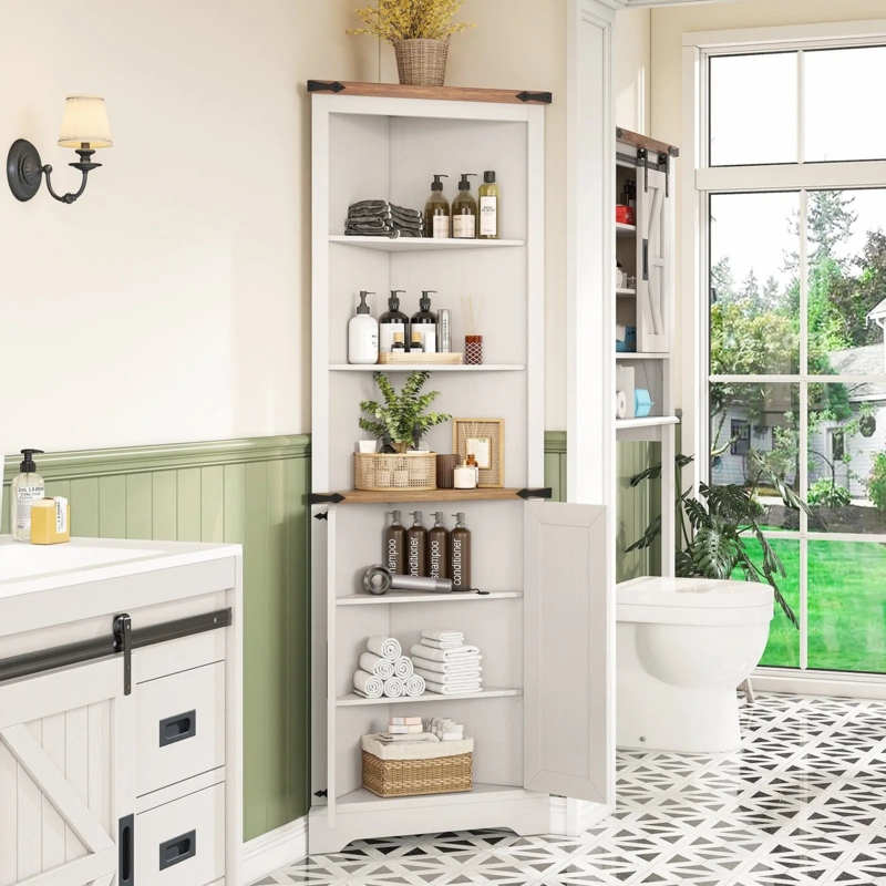 Modern Farmhouse Corner Cabinet with Chevron Doors and Coffee Bar