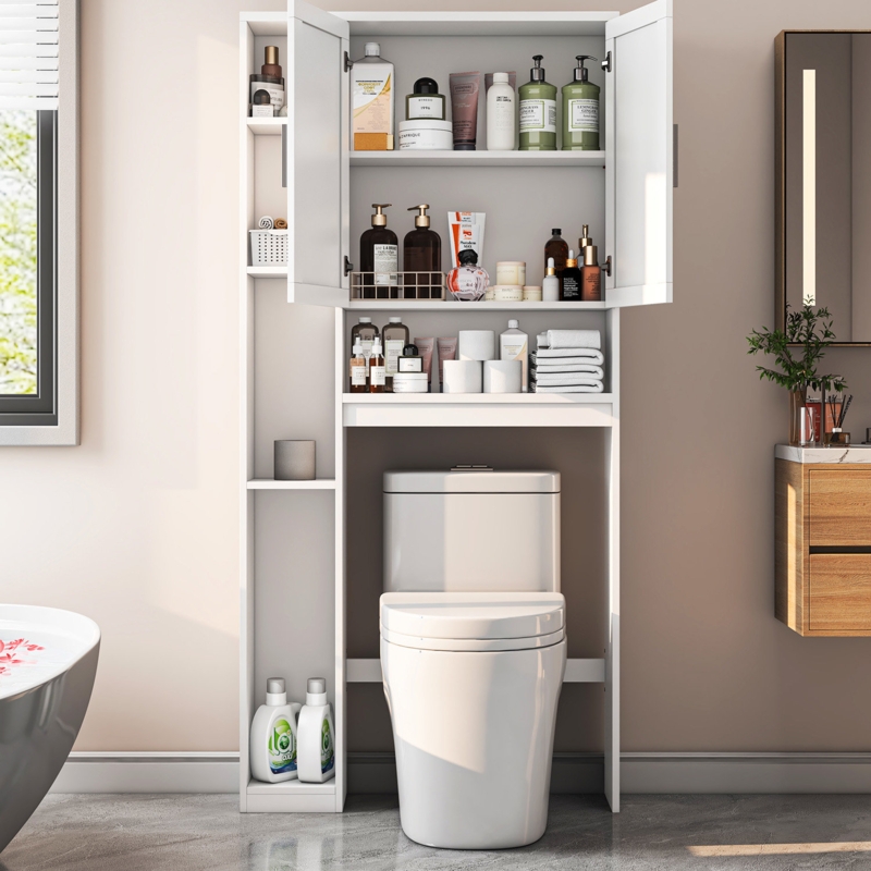 Modern Farmhouse Over-The-Toilet Organizer with Glass-Front Doors