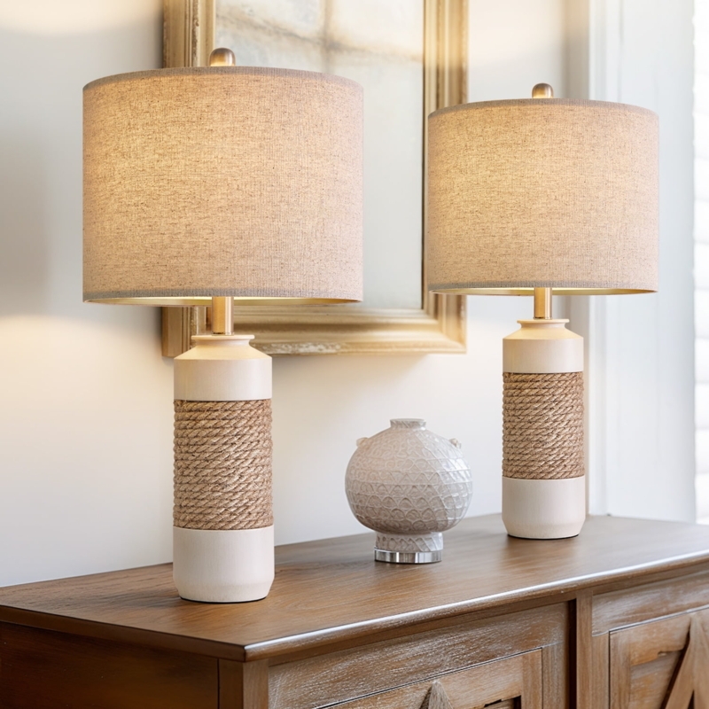 Modern Farmhouse Table Lamp Pair, Woven Rattan Look Base, Drum Shade