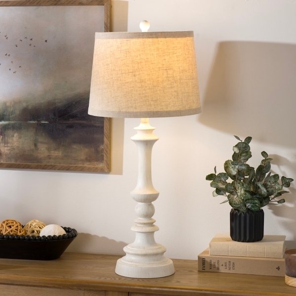 Modern Farmhouse Table Lamp Turned Spindle Base in Distressed Ivory