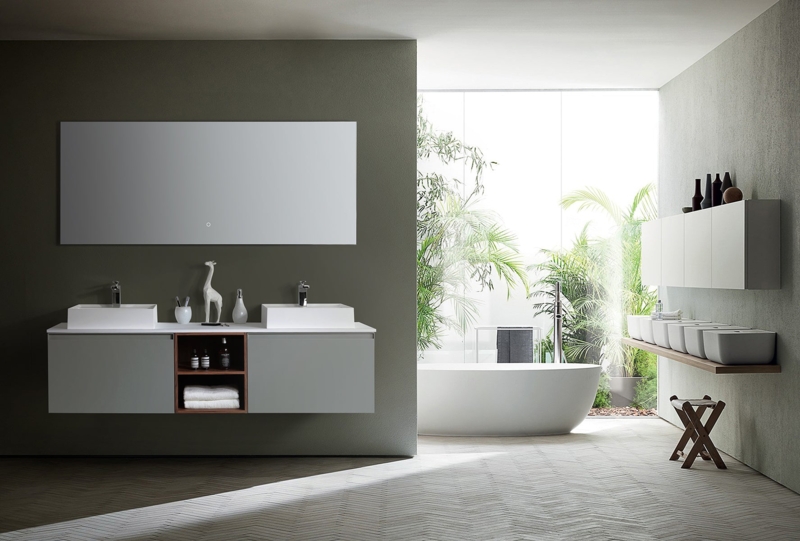 Modern Floating Double Vanity with Open Storage Shelf