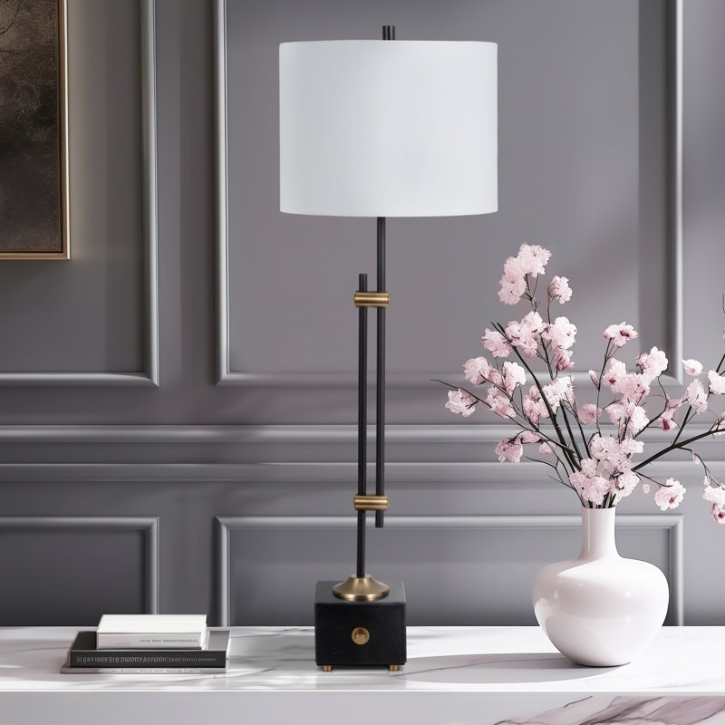 Modern Glam Buffet Lamp, Black Marble-Like Base, Polished Neck