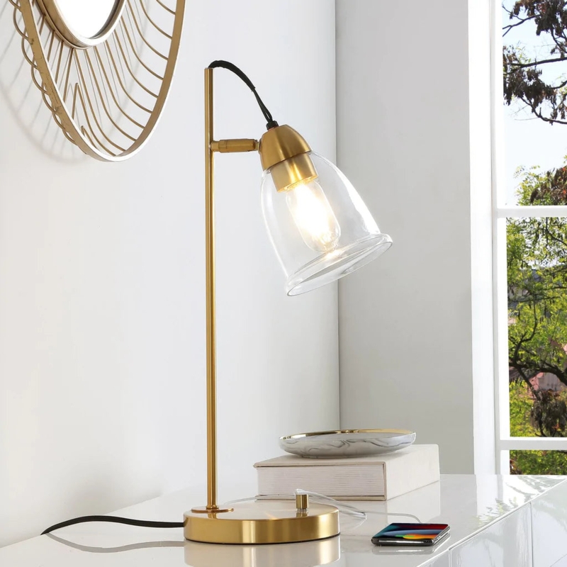 Modern Glam Table Lamp with Gold Geometric Open Wireframe Base