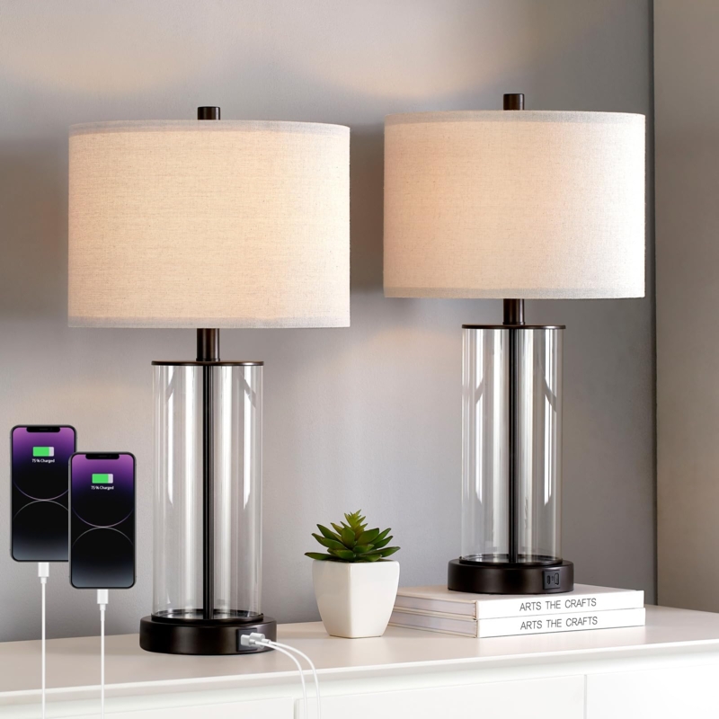 Modern Glass Table Lamp Set Clear Jug Base USB Ports Bedroom