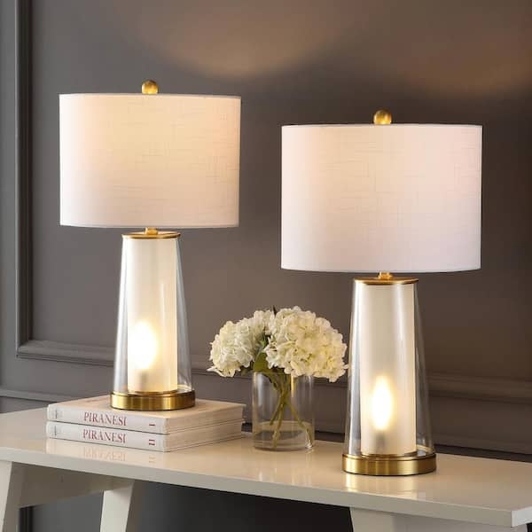 Modern Glass Table Lamp Set, Integrated Nightlight, Gold Accents