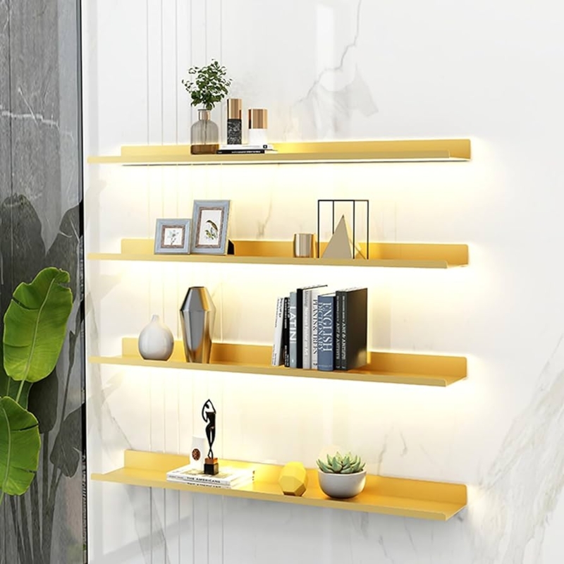 Modern Gold Floating Shelves with Integrated LED Glow