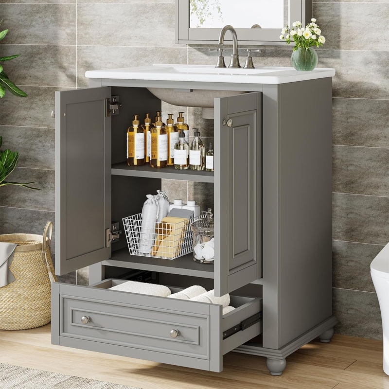 Modern Gray Bathroom Vanity with Geometric Doors and Gold Legs