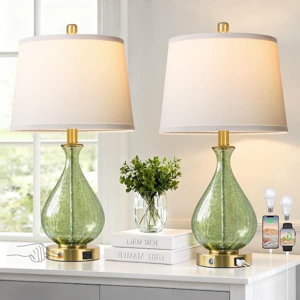 Modern Green Glass Table Lamps Set of 2 with Integrated USB