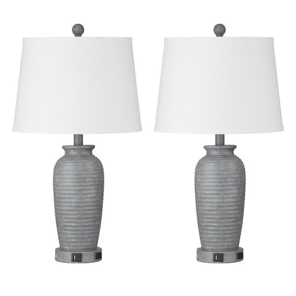 Modern Grey Ceramic Lamp Set with Tapered Base and Charging Ports.