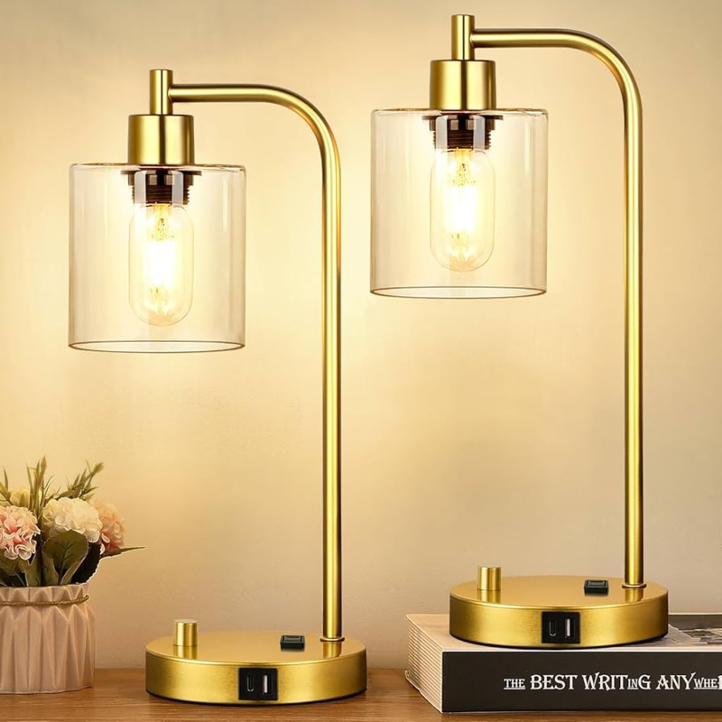 Modern Industrial Table Lamp Set Polished Gold Glass Cylinder USB