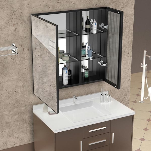Modern Medicine Cabinet with Asymmetrical Split Doors, Matte Black Frame.