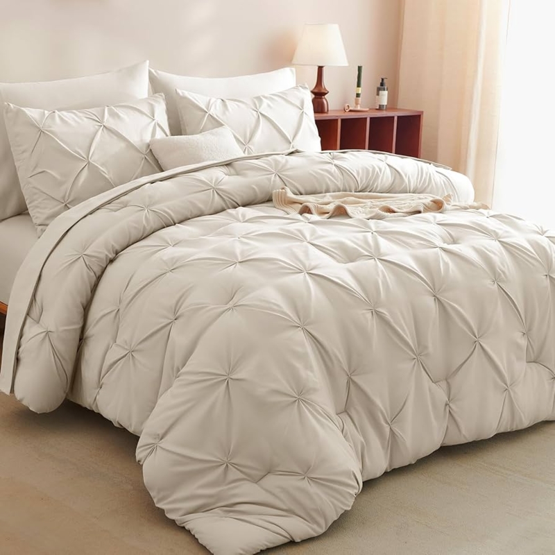 Modern Organic Bedroom Styling with Beige Pinch Pleat Comforter