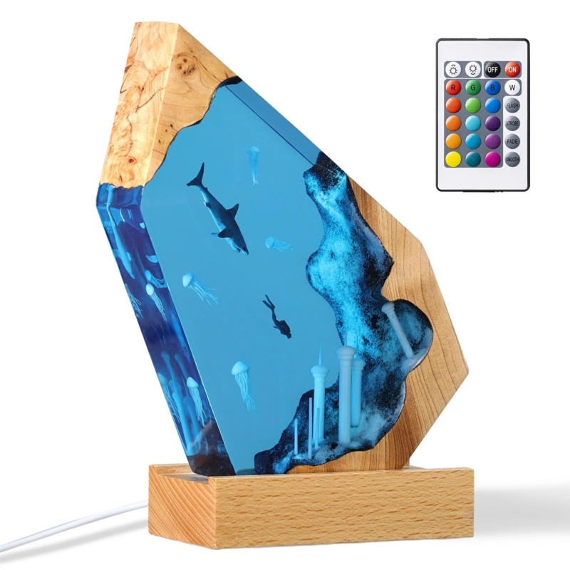 Modern Organic Table Lighting, Translucent Resin Block with Wood.
