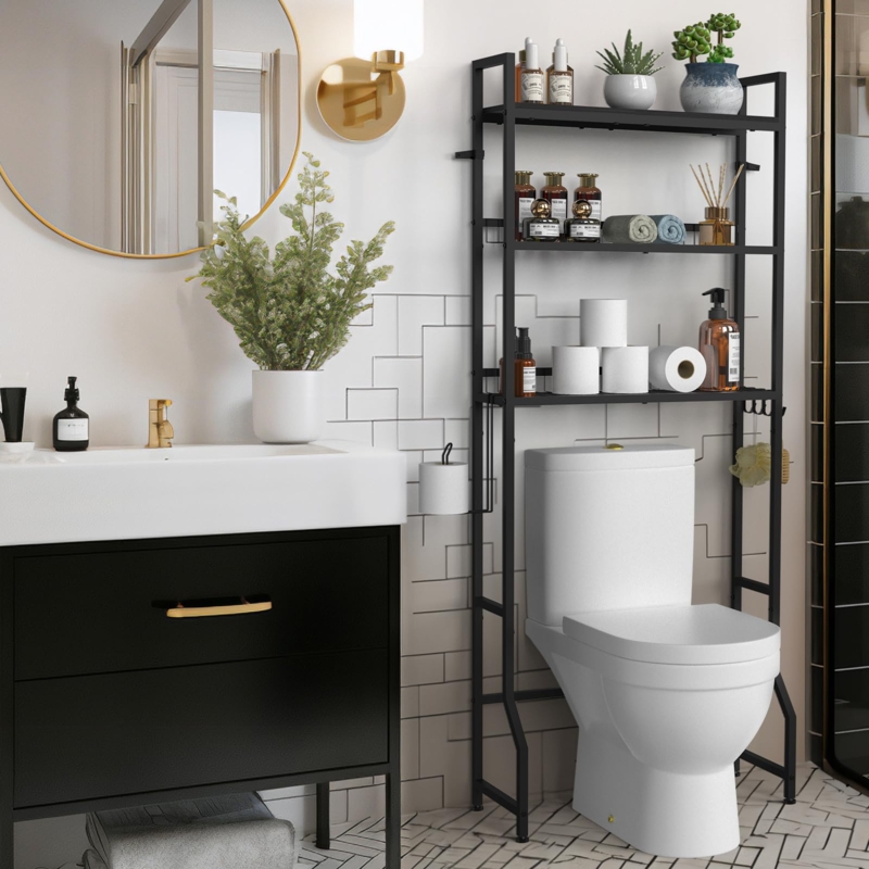Modern Over The Toilet Storage Rack with Side Hooks, Wood Toned Shelves.