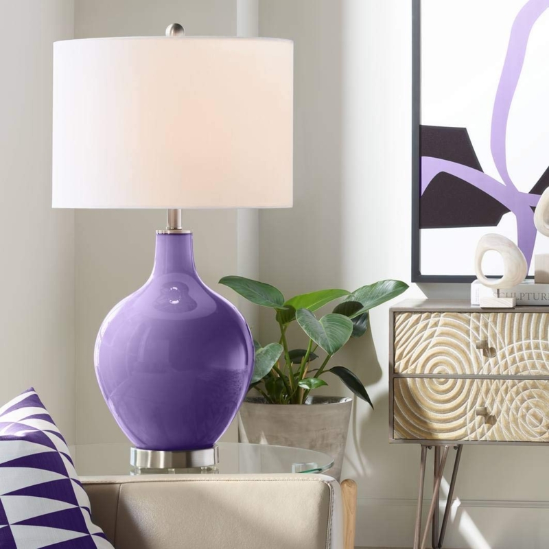 Modern Purple Glass Table Lamp, Droplet Base, White Drum Shade