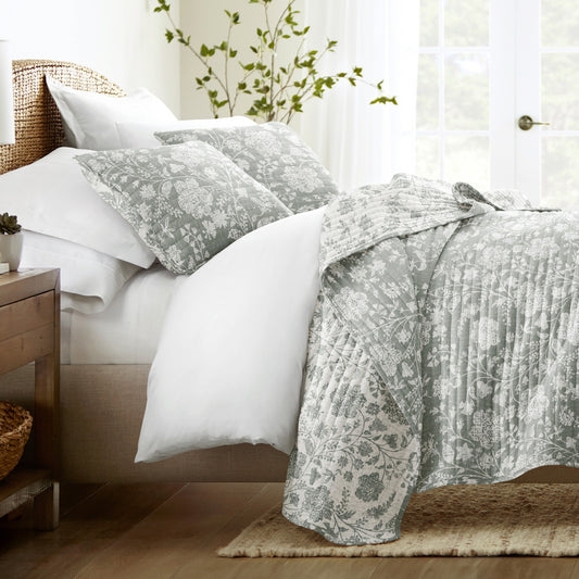 Modern Quilt Set: Sage Green with Geometric Quilted Pattern