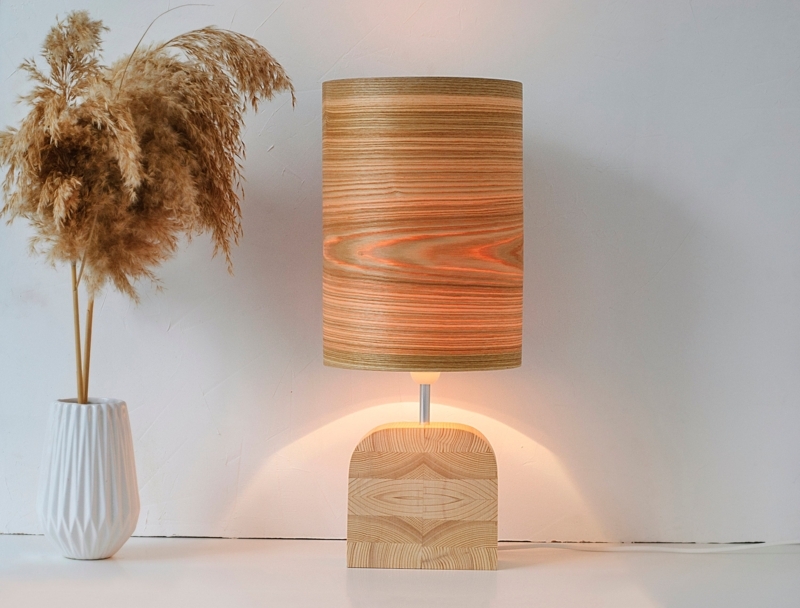 Modern Rustic Table Lamp with Translucent Wood Shade and Warm Grain