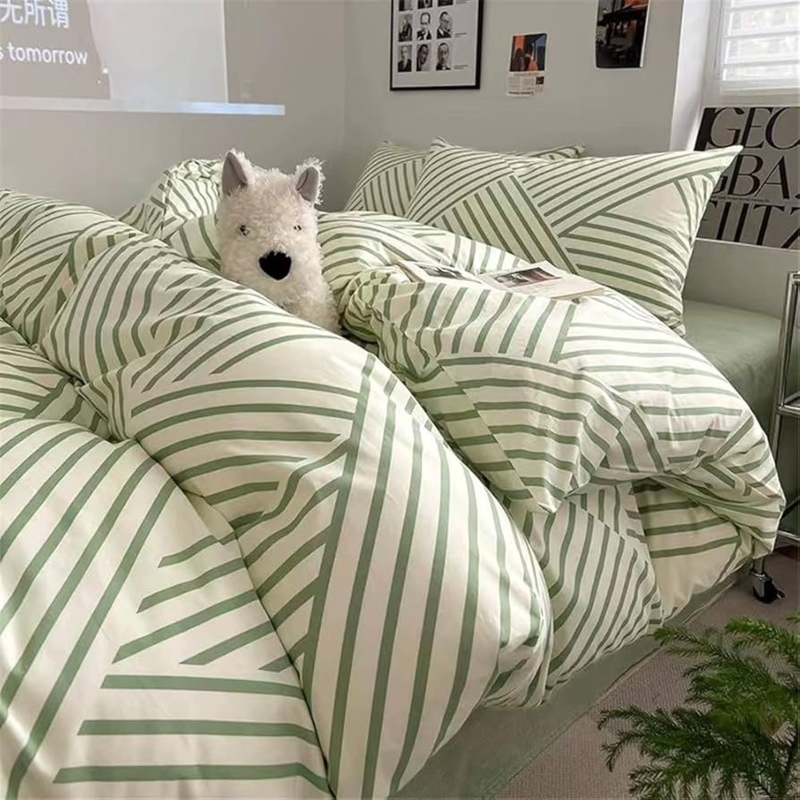 Modern Sage Green Striped Bedding Set Vertical Geometric Pattern