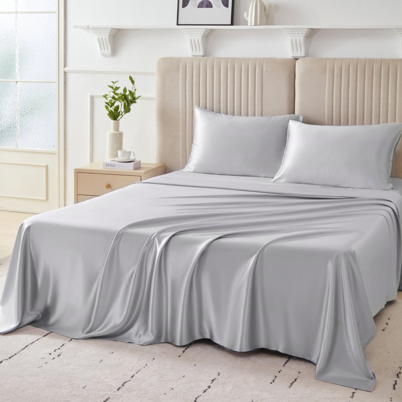 Modern Sheet Set in Silver Silk with Elegant Hemstitch Detailing