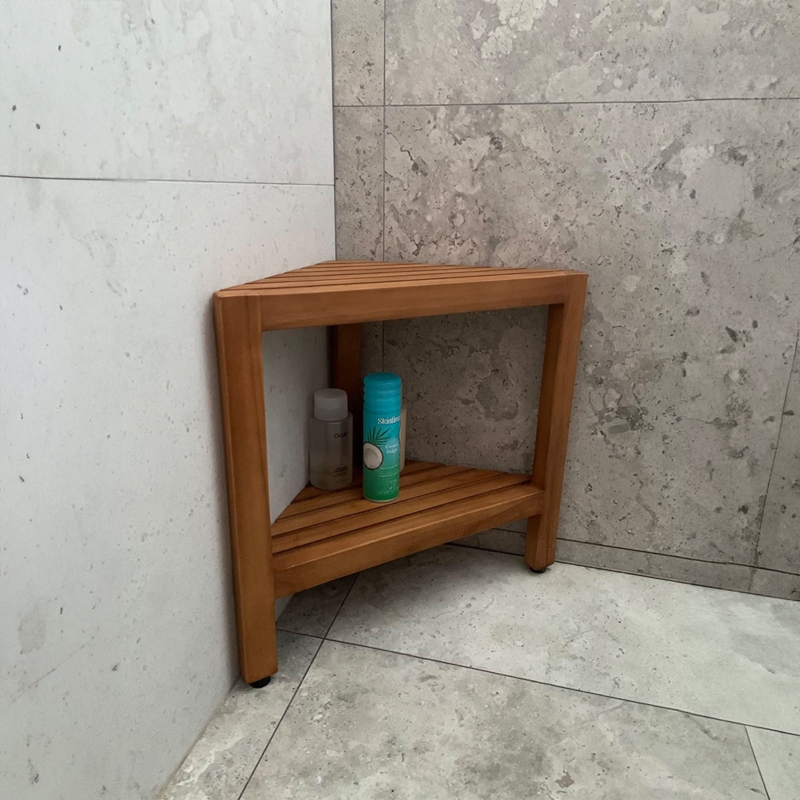Modern Shower Bench with Shelf against Vertical Stacked Tile Backdrop