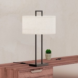 Modern Table Lamp Black Open Frame Base with Textured Gray Shade
