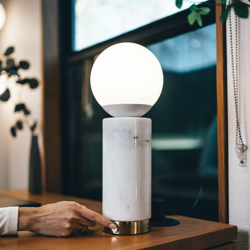 Modern Table Lamp Dark Marble Cylindrical Base Frosted Globe USB